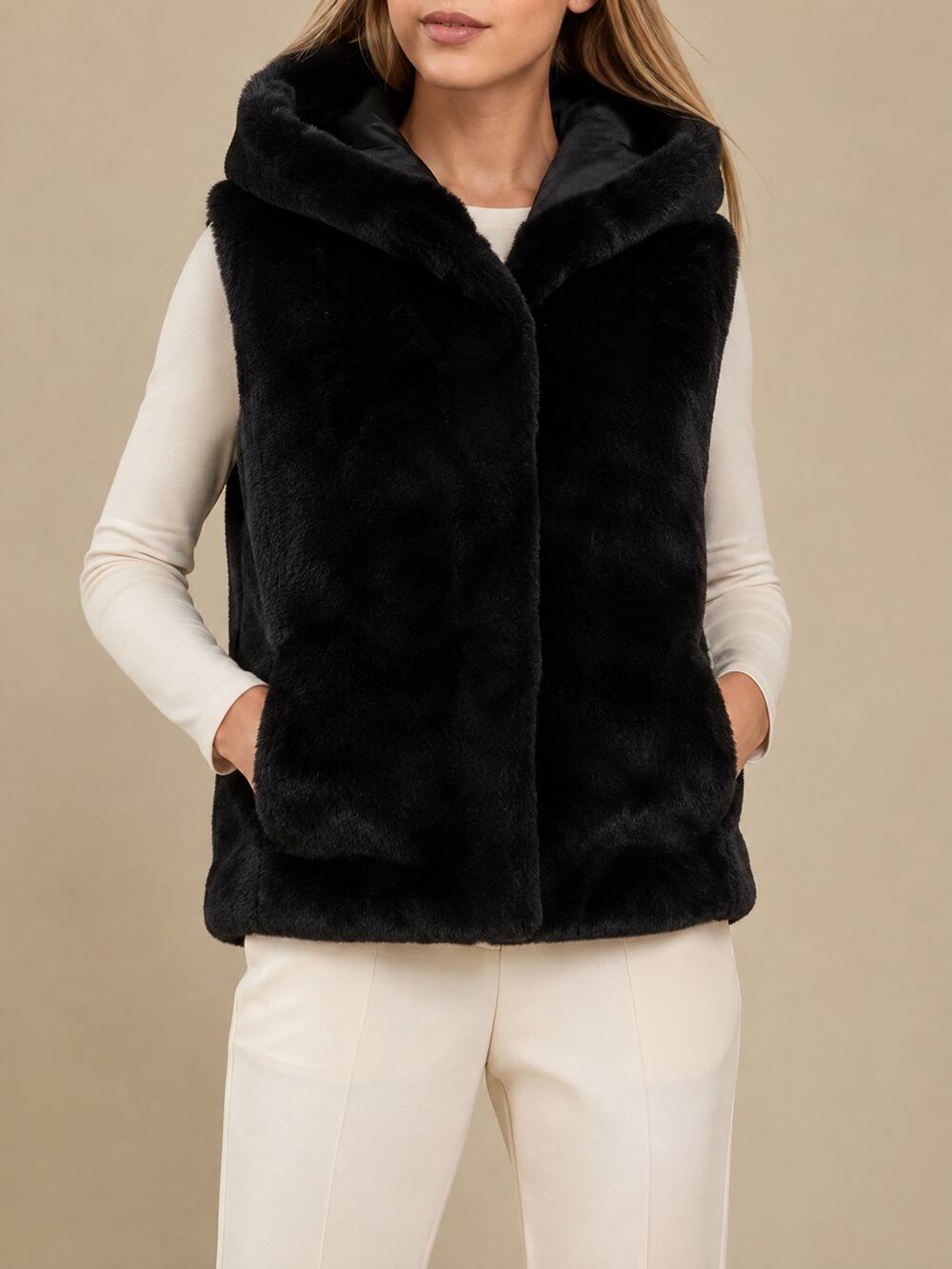J. Mclaughlin Vail Vest Womens Medium Black Faux Fur Sleeveless Button Hooded